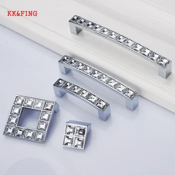 KKFING Fashion Crystal Glass Knobs Cabinet Handles Silver Crystal Cupboard Pulls Drawer Knobs Kitchen Furniture Handle Hardware