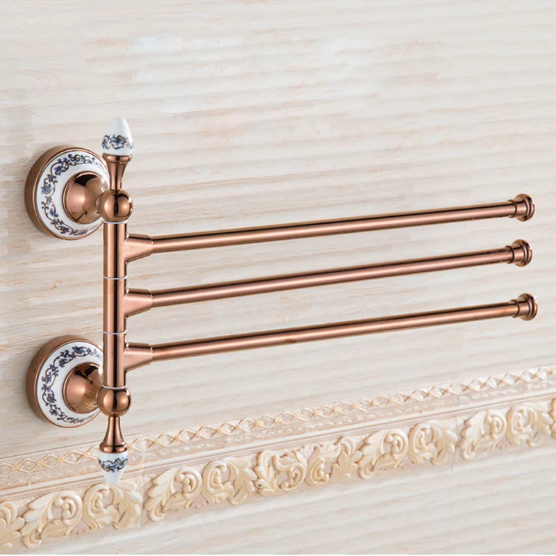 3 Swivel Towel Bars Rose Gold Finish Brass Bathroom Towel Rail Rack Bathroom Towel Holder Gold Towel Hanger Bathroom Accessories