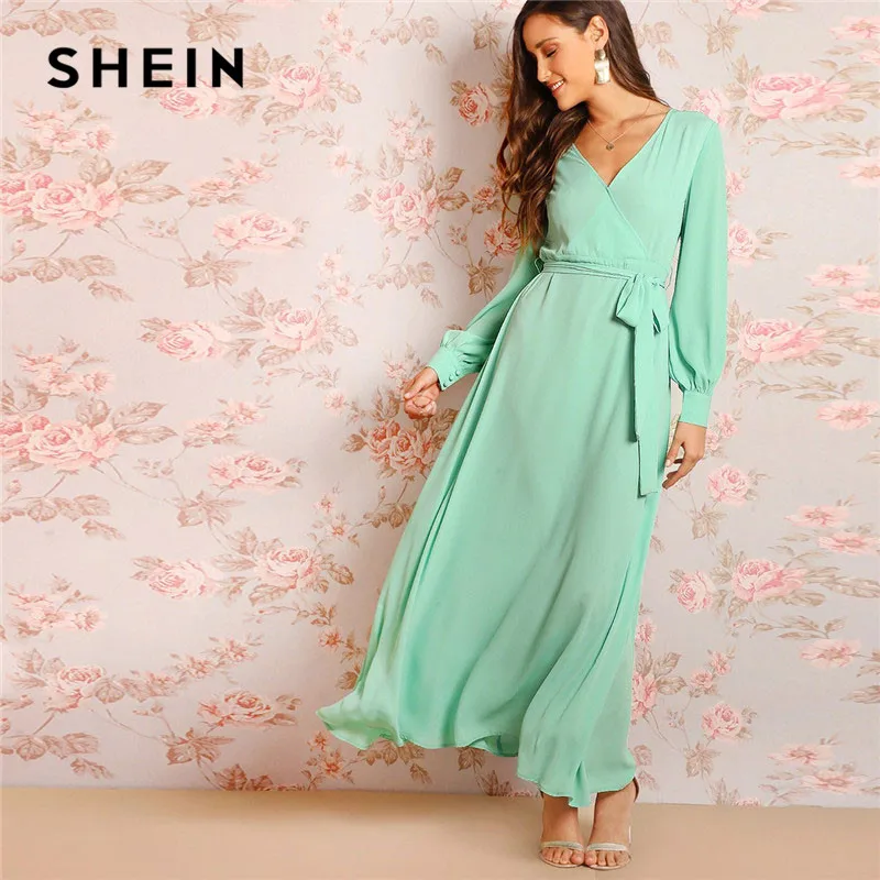 

SHEIN Green Bishop Sleeve Surplice Wrap Belted Women Maxi Dress Fit And Flare Solid Long Sleeve 2019 Spring Party Dresses