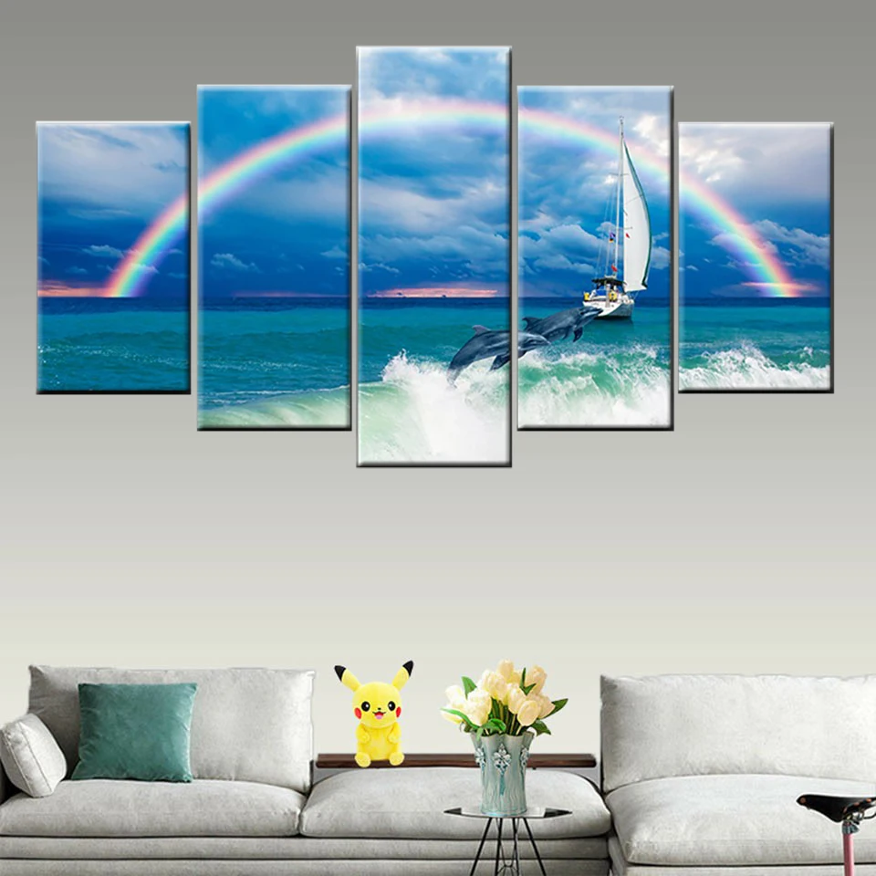 

Modern HD Print Poster 5 Panel Dolphin Blue Sea Rainbow View Painting Wall Art Picture Living Room Home Decoration Frame