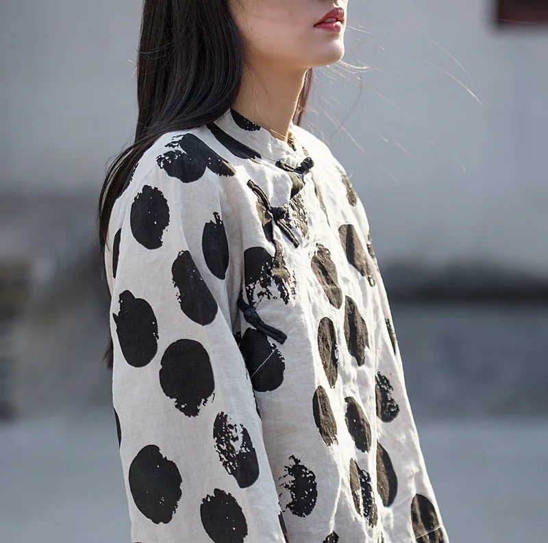 

Small Spring Women's Cotton Linen Sand Wave Point Printing Stand Collar Plate Buttons Chinese-style Shirt