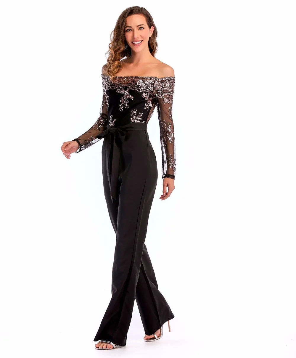 Long Black Rompers Womens Jumpsuit Sequined Embroidery Party Bodysuits