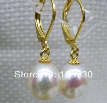 

ry00209 Top AAA+++ 9*10mm drop white akoya pearl dangle earring 14kt gold