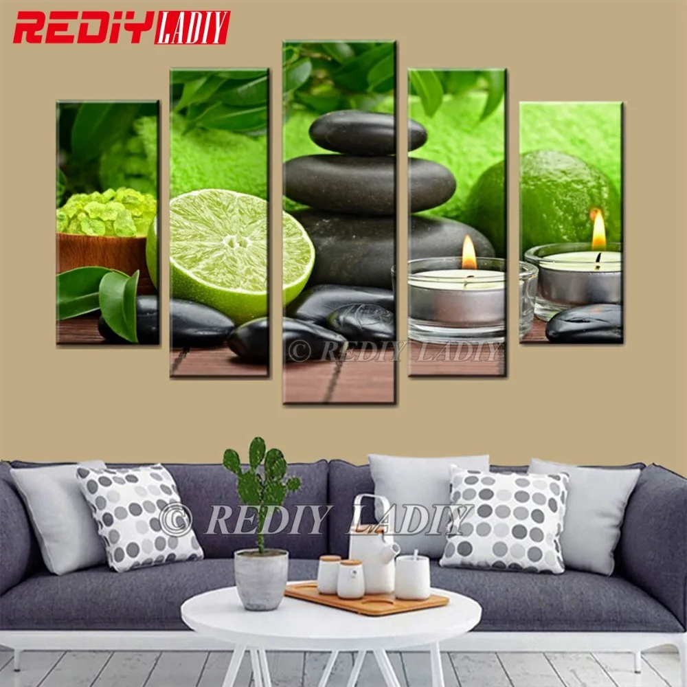 

REDIY LADIY 5D Diamond Embroidery Triptych Diamond Painting Cross Stitch 5 Panels Wall Art Stone Fruits Mosaic Modular Picture
