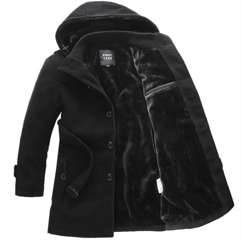 

European and American Fashion Men's Clothing Plus Velvet Thickening Hooded Windbreaker Jacket Tide Single-breasted Woolen Coat