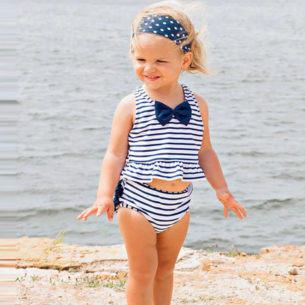  CHAMSGEND Toddler Kids Baby Girl Bow Striped Bathing Soft hand feeling Suit Bikini 2pc Set Swimwear