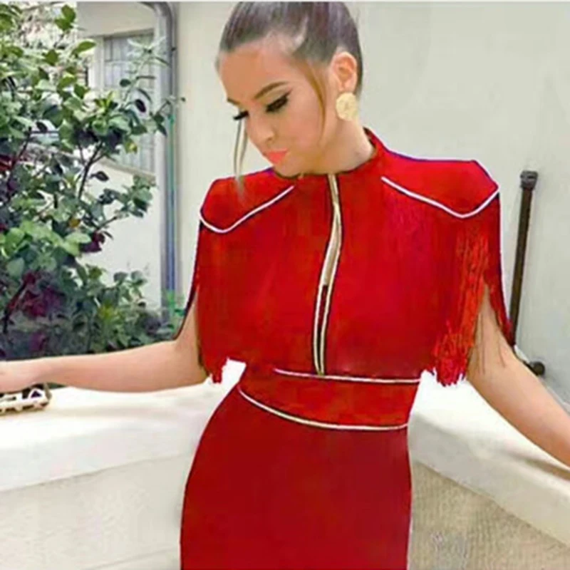2017 Women New Style Fashion Red Tassel Dress Novelty Chic Sleeveless O Neck Pencil Dresses 2017 Evening Party  Sexy Vestidos