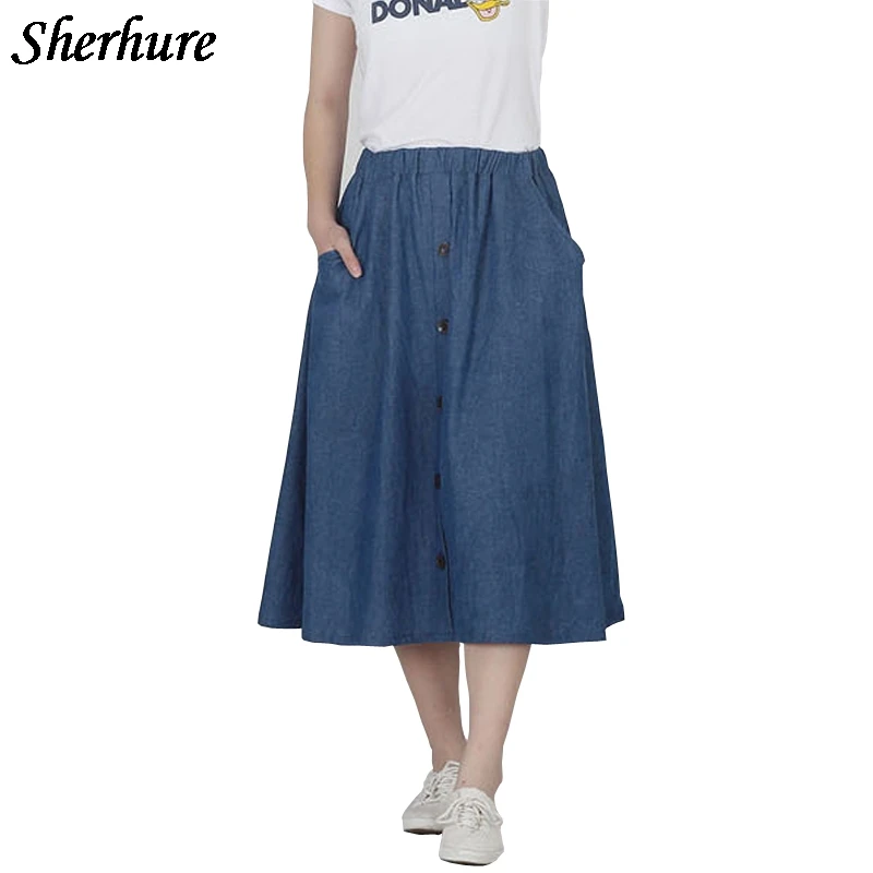 

2018 New Summer Skirts Women Elastic High Waist Solid Button Skirts Denim A-Line Skirts Vintage Slim Female Midi Skirt Saias