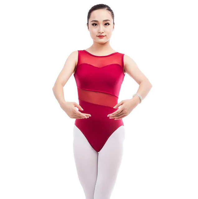 Red Mesh Professional Ballet Leotards for Women Dance Competition