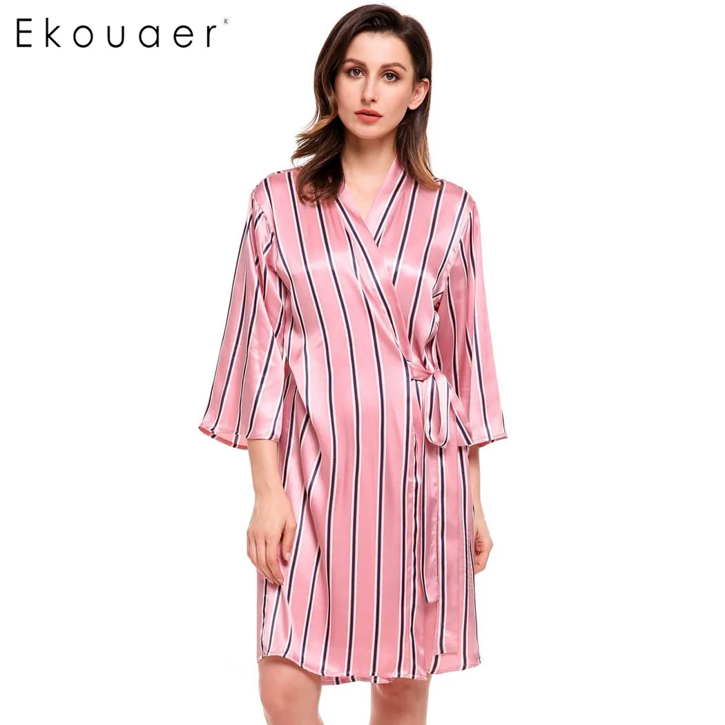 Ekouaer Fashion Loose Print Flower Robe Women 3/4 Sleeve Dot Print