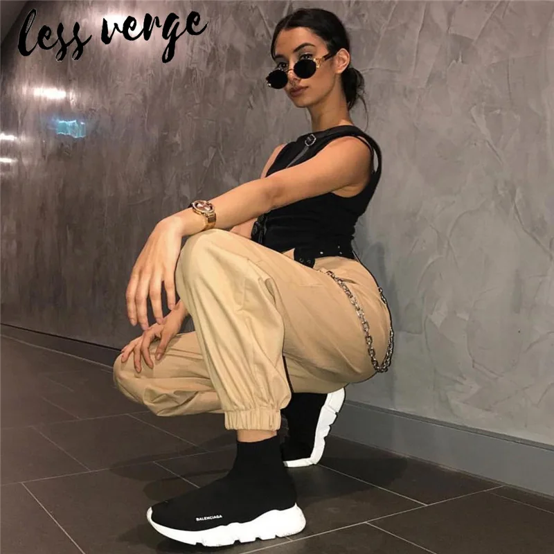 Lessverge хаки офисные женские поп корейские брюки Карго повседневные с высокой