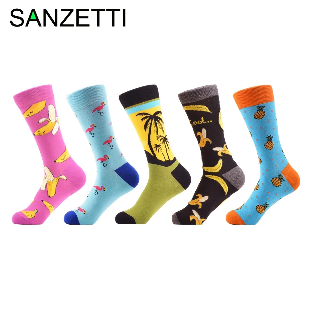 

SANZETTI 5 pairs/lot Men's Colorful Pineapple Flamingo Pattern Combed Cotton Socks Casual Crew Funny Party Socks Wedding Gifts