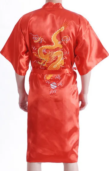 Китайская мужская шелковая атласная Вышивка в виде дракона халат с поясом S M L XL XXL XXXL MR007 - Цвет: red