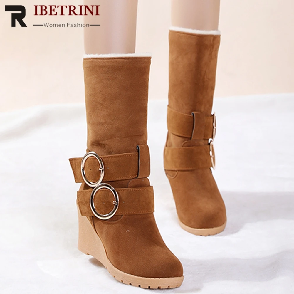 

RIBETRINI Snow Boots For Women Winter Warm Add Thick Fur Wedges Shoes Slip On Ladies Round Toe Mid Calf Boots Size 34-43