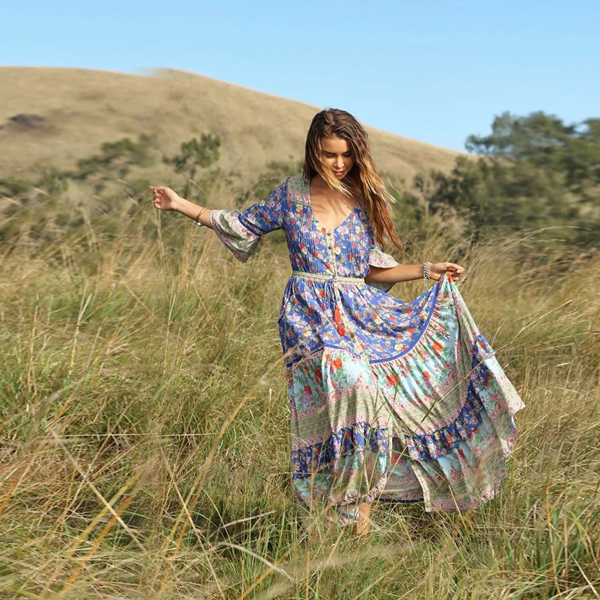 KHALEE YOSE Летнее цветочное Макси платье длинное винтажное Цыганское Платье с пуговицами спереди на кулиске с поясом расклешенное платье с рукавами размера плюс
