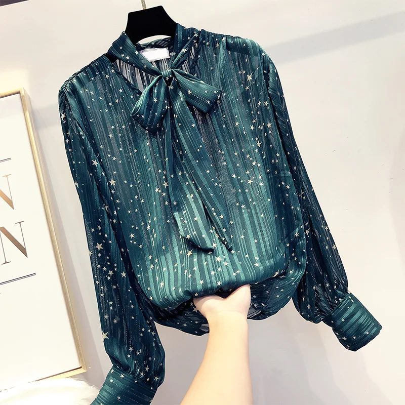 MUMUZI Women OL Stars Print Women Blouse Chiffon Casual Loose Long Sleeve Shirt Tops Female Elegant Hollow out Tops Blouses