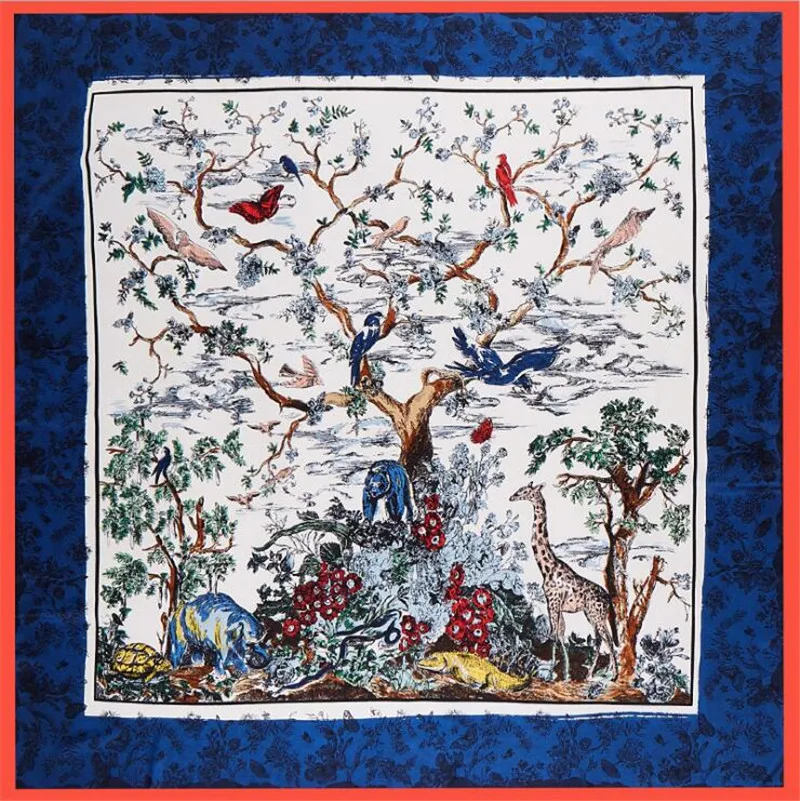 

POBING 100% Twill Silk Scarf Women Animals Tree Square Scarves Large Bandana Big Kerchief Hijab Scarf Female Head Scarf Foulard