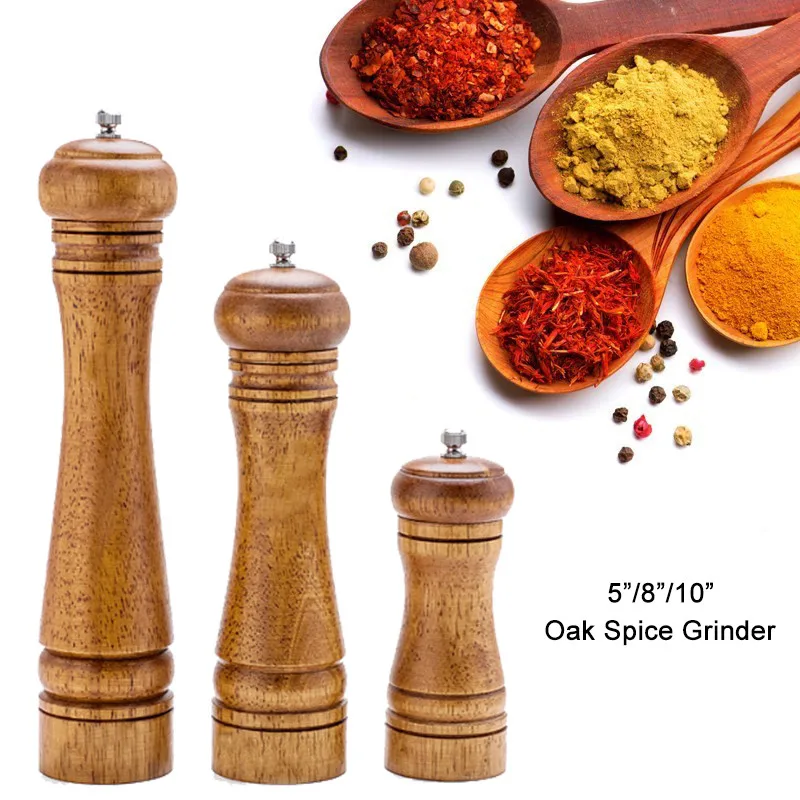 

5" 8" 10" inch Oak Wood Salt Pepper Shaker Mill Oak Spice Grinder Set Handheld Seasoning Mills Grinder Kitchen BBQ Tools