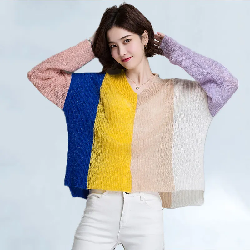 

2019 spring autumn multicolored color matching knit sweater women's loose large size V-neck long-sleeved pullover sweater women