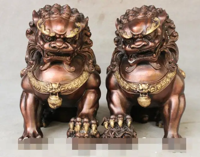 

S02208 11" Chinese FengShui Bronze Gilt Lion Door Guard Fu Foo Dog Ball Set Statue Pair B0403