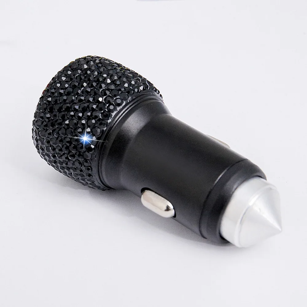 1 Piece Car 2 in 1 Quick Charger Double USB Safety Hammer Rhinestone Diamond Car Styling Multi Color