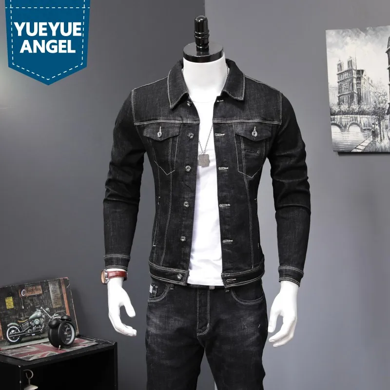

Spring 2019 Black Denim Overalls Mens Two Piece Set Long Sleeve Letter Print Jean Jacket Zipper Jeans Fashions Biker Trousers