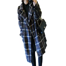 Корейское осенне-зимнее шерстяное пальто для женщин новая мода решетки casaco feminino Свободная куртка Верхняя одежда с поясом размера плюс G579