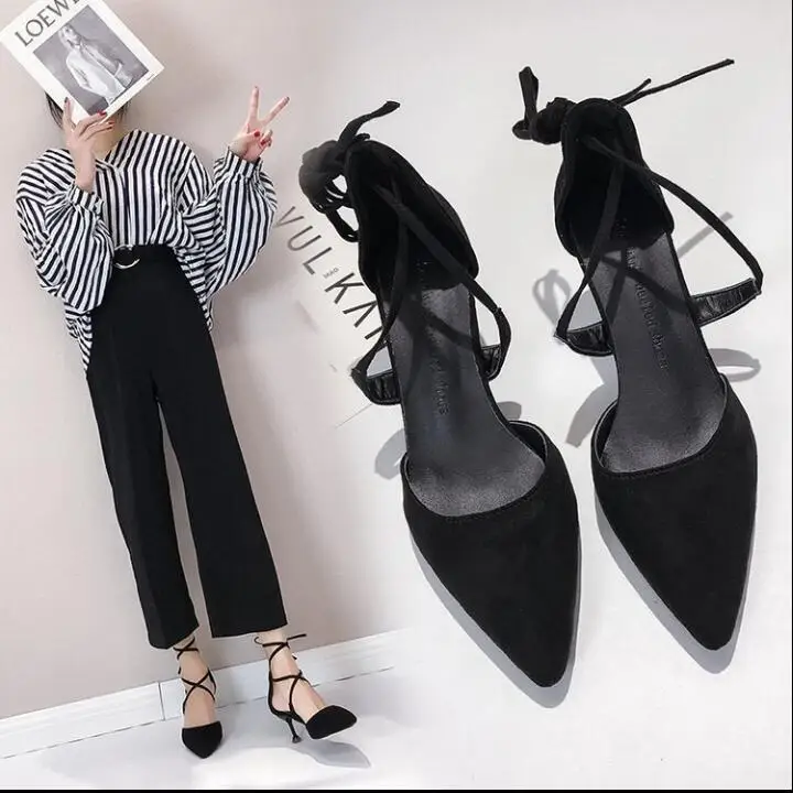 

senkaibo High-heeled shoes female 2019 new spring pointed sandals cat with red wedding shoes straps with women's shoes