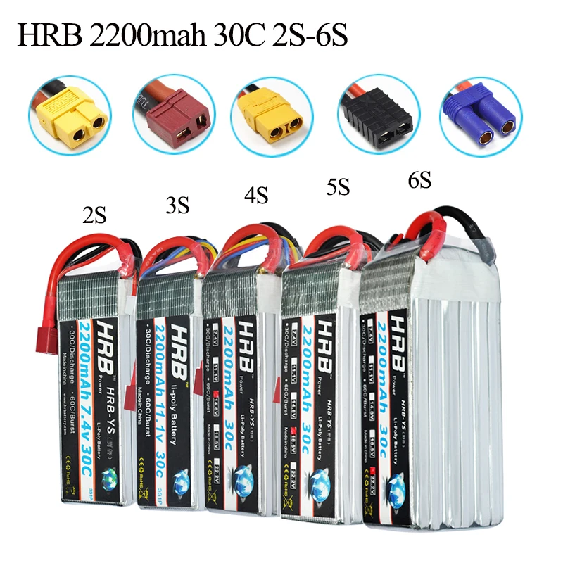 

HRB Lipo 2S 3S 4S 5S 6S Battery 2200mAh 30C 7.4V 11.1v 14.8V 18.5V 22.2V Max 60C For Trex-450 RC Helicopter Car Boat Quadcopter
