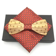 Полиэстер платки дерево бабочкой Запонки Набор для мужской деловой костюм Hanky Галстуки деревянные Галстуки Свадебный галстук