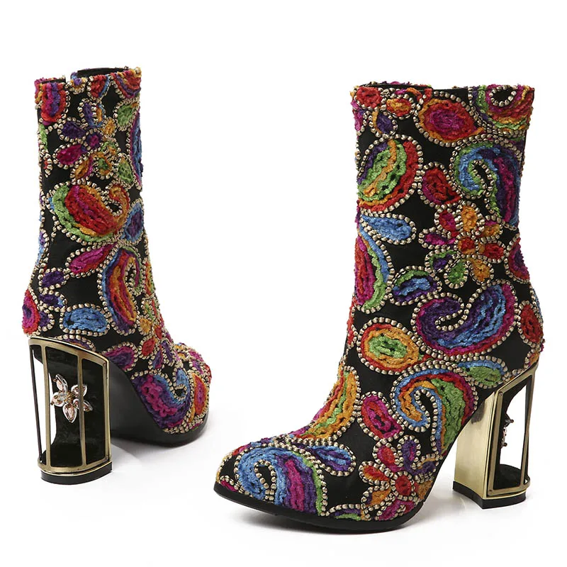 Phoentin ethnische druck blume frauen stiefel mixed farbe Phoentin mischfarben mesh maultiere schuhe frauen 2018