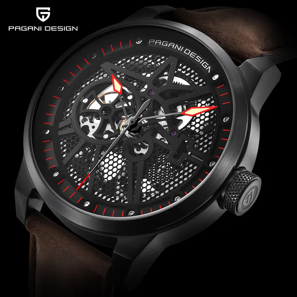 Механические часы Pagani Skeleton Tourbillon, Мужские Автоматические классические кожаные водонепроницаемые наручные часы, мужские часы, подарок