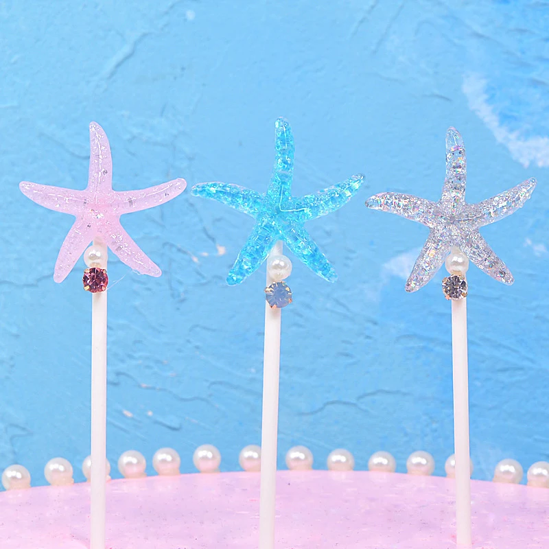 5pcs DIY Bright Crystal Starfish Cake Dessert Decor Ice-cream Cupcake Toppers Picks Kids Birthday Party Decor Wedding Supply