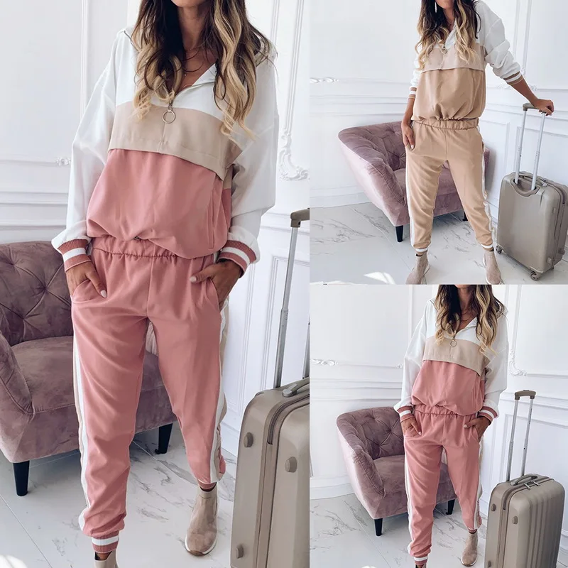 

NIBESSER 2Pcs Women Ladies Striped Zipper Tops High Waist Pant Trousers Tracksuit Hoodies Sweatshirt Sets Outwear Casual Suit