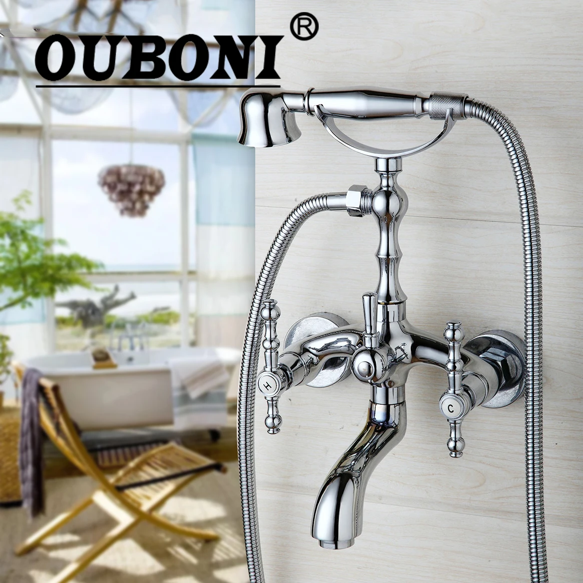 

OUBONI Modern Rainfall & Stream Spout Wall Mounted Tap Chrome Finish Rain Shower Head Faucet Shower Set Hot & Cold Mixer