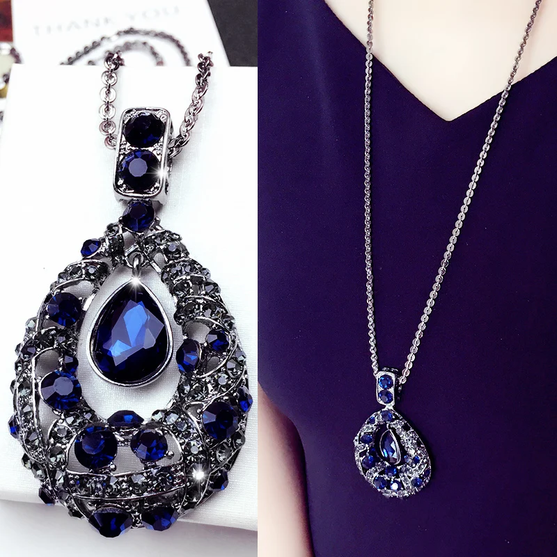 

Women Water Drop Sweater Chain Crystal Hollow Out Pendant Statement Necklaces Girls Elegant Vintage Jewelry Collar Accessories
