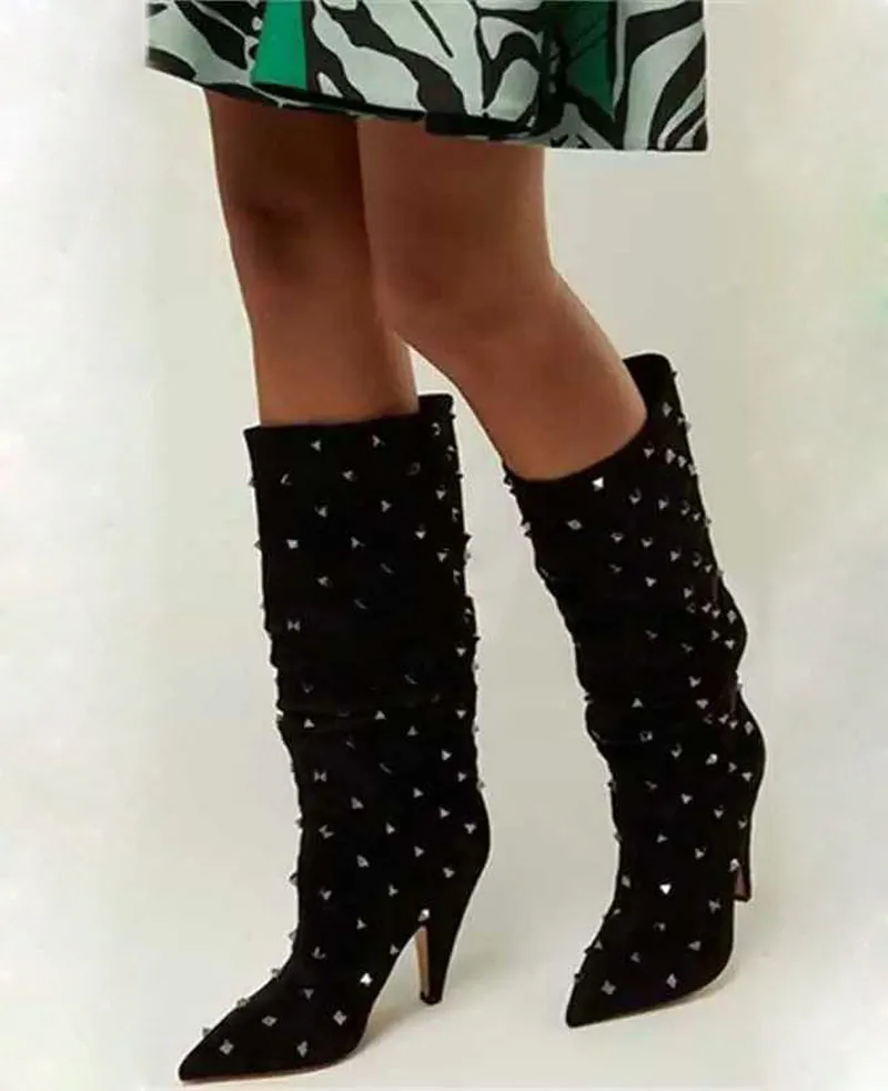 Clavos Mujeres Metálicos Zapatos Del Tacones Femeninos Pantorrilla Gamuza Gladiador Media Punta Pic Botas Remaches Señoras As Negro Estrecha Resorte ZnYqAppv