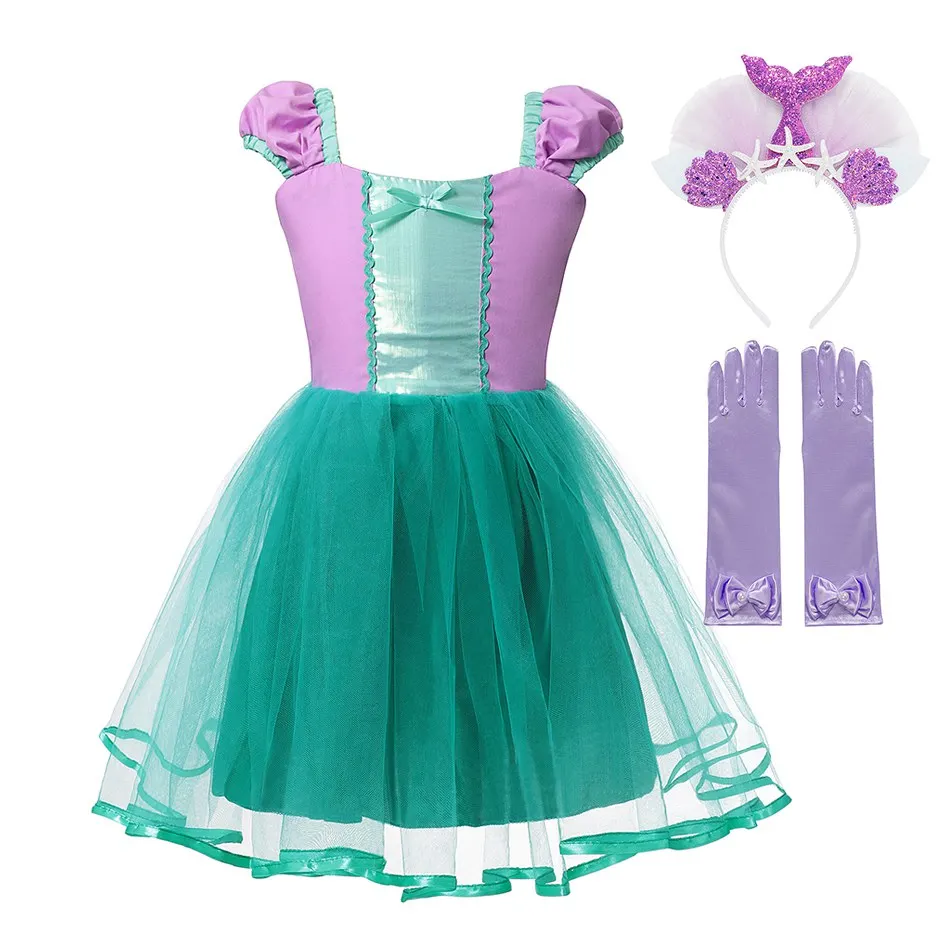 I2 Ariel dress set Платье принцессы для девочек; костюм Ариэль, Золушка, Аврора, Белоснежка, Рапунцель, Анна, Белль; Детские Вечерние платья на Хэллоуин; нарядная одежда - Color: I2 Ariel dress set