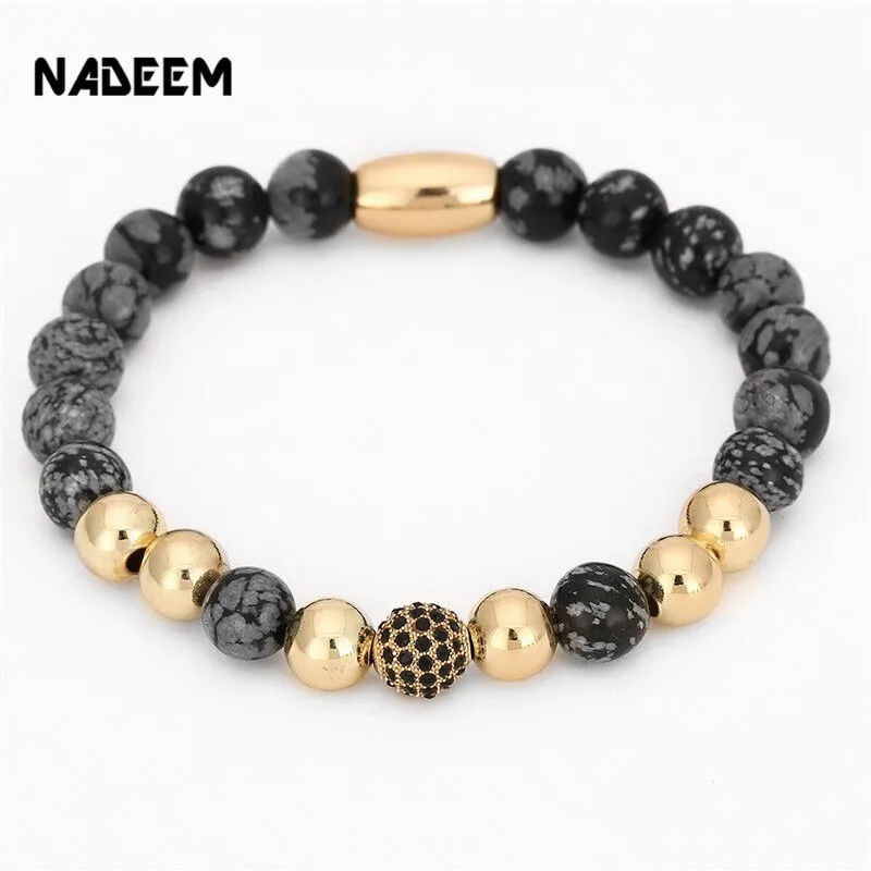 

2017 New Brand Luxury Men's Micro Pave Crystal Copper Ball Charm Bracelet With Natural Stone Bead Elastic Bracelet Jewelry Gift