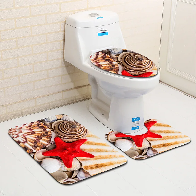 The 3 sets bathroom carpet mat and Toilet seat cover with Beach scenery