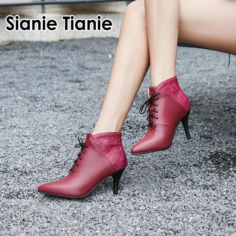 Sianie Tianie/Женская обувь на шнуровке ботильоны на высоком каблуке Полусапожки демисезонные красные туфли-лодочки с острым носком женская обувь большой размер 44, 43
