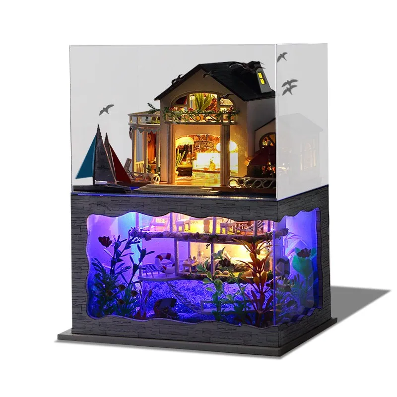 

Hawaii Villa DIY Dollhouse Miniature Model House With Light Cover Gift Decoration Collection Toy Gift For Children Assemble