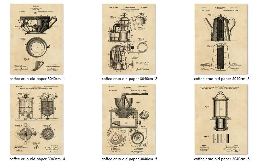 Кофе винтаж патент Изобразительное искусство печатает 6 в 1 компл. кофе магазин Настенный декор кофе подарок стены кухня стены - Цвет: Euro texture old