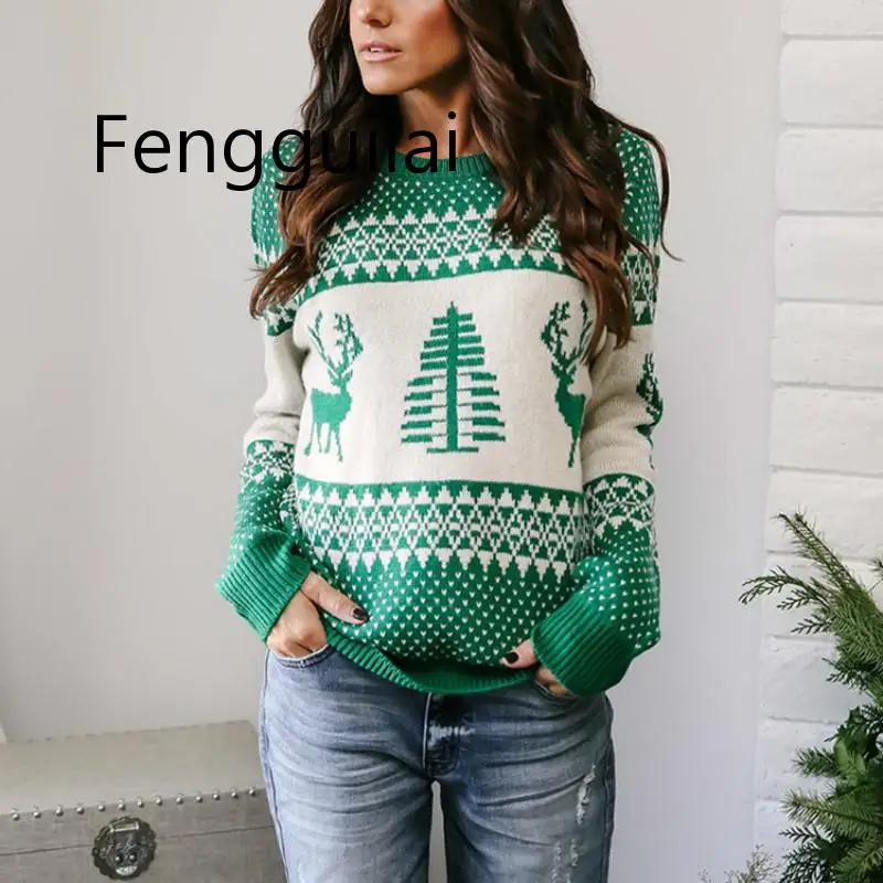 

Autumn Elk Jacquard Knitted Christmas Sweater Women Pullover 2019 Winter Plus Size Women Sweaters And Pullovers Tops