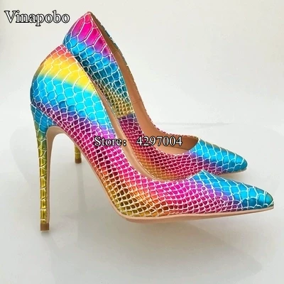 New Pointed Toe Shoes Women Colorful Rainbow Snake Printed Pumps 8/10/12cm High Heels Genuine Leather Stilettos Women Shoes