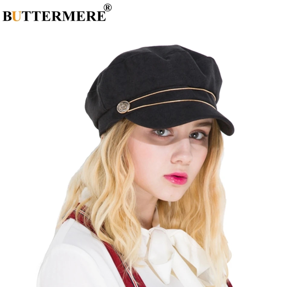BUTTERMERE Black Newsboy Caps Women Cotton Octagonal Hat Ladies Elegant Painter Hats Casual