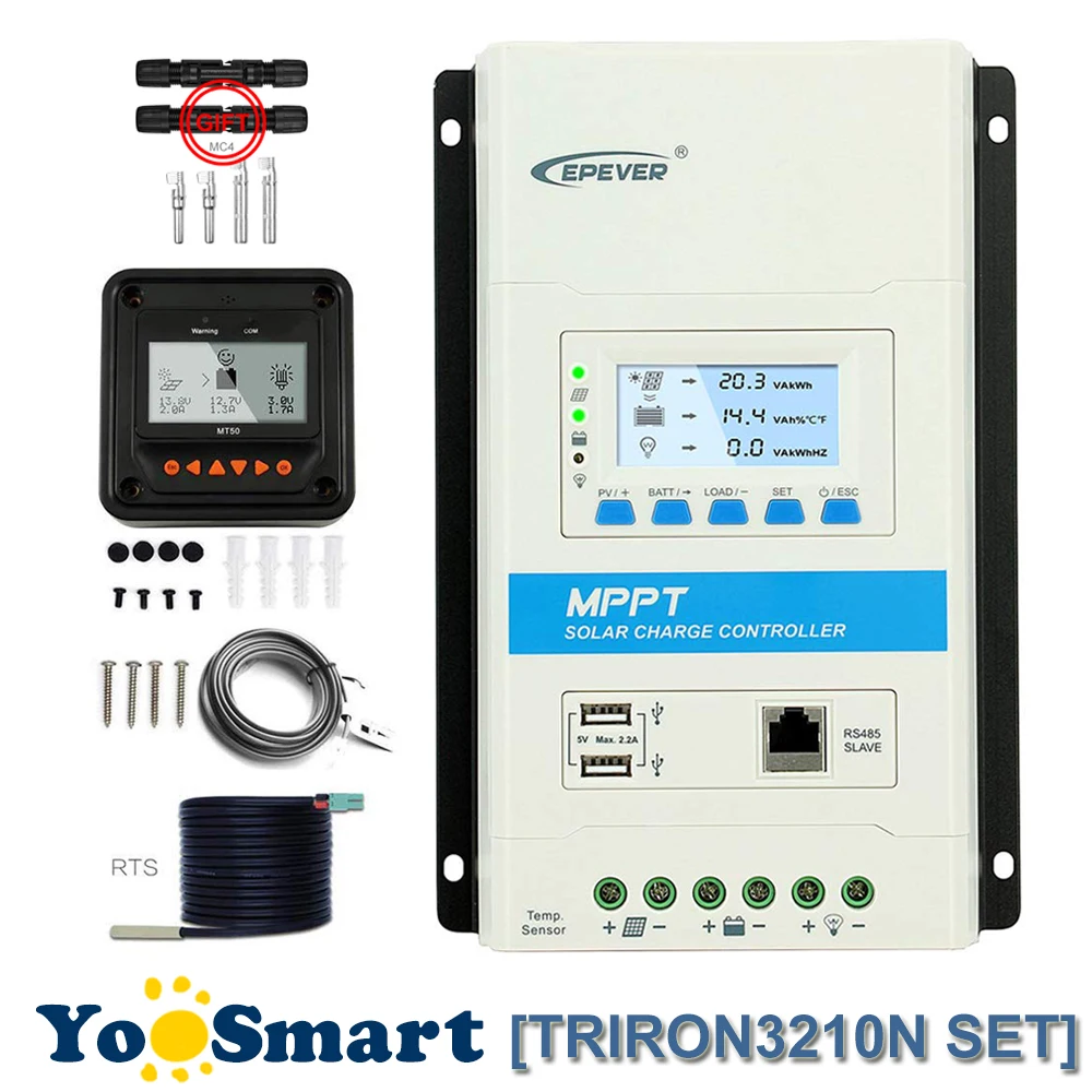 Epeker TRIRON со слежением за максимальной точкой мощности, 30A блок управления установкой на солнечной батарее 12/24VDC Авто общий отрицательный ЖК-дисплей с двумя портами USB и MT50 TS-R WI-FI опционально с MC4