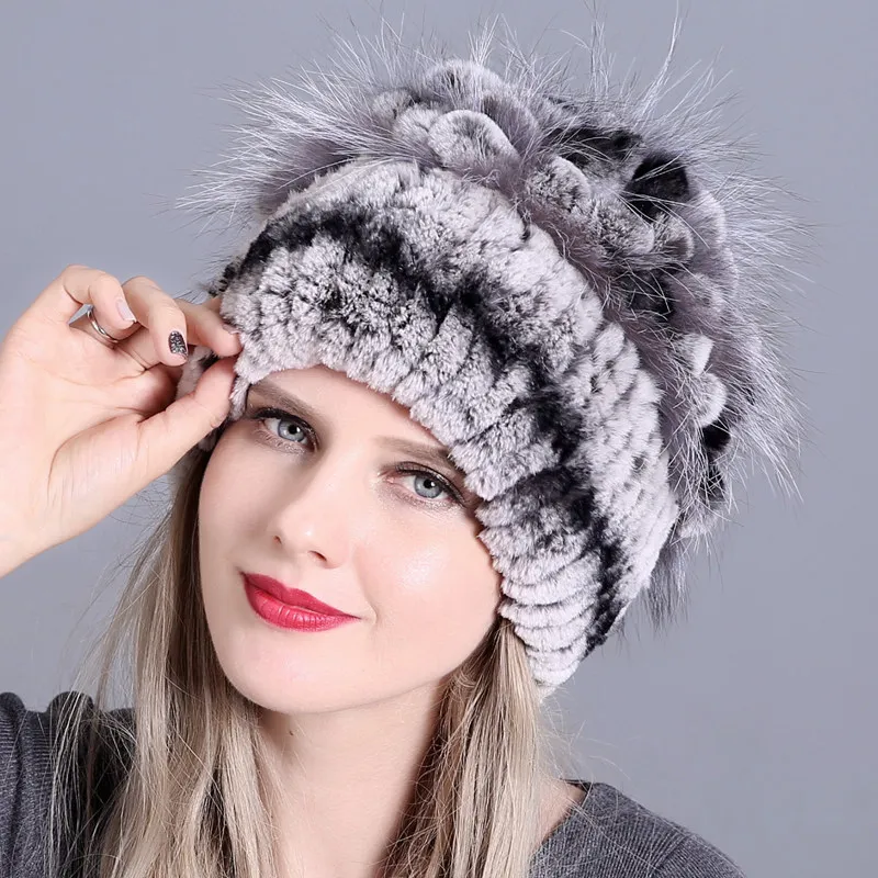 Style2 Кролика рекс лисы мех женская зимняя шапка утолщенные теплые наушники шапка женская Корейская версия вязаная Skullies cap s H7020 - Цвет: Style2