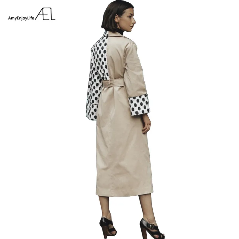 

AEL Fashion Patchwork Polka Dot Long Trench Coat Women 2018 Autumn Spring Loose Coats Outerwear with Waist Belt Gabardina Mujer