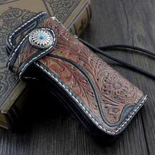 Мужские ручной работы Винтаж мотоцикл байкер водитель грузовика длинные деньги карты Leahter резные кошелек с цепочкой